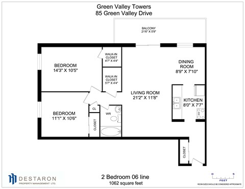 Floor plan for 2 beds, 1 bath, 1139 sqft
